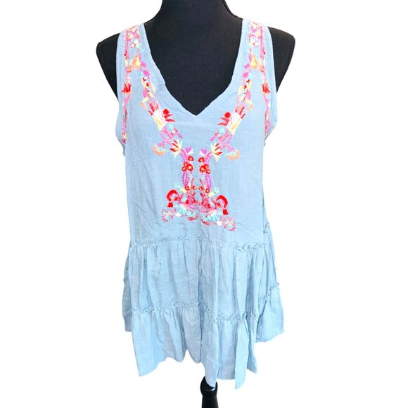 Blue Sleeveless Tiered Boho Tunic Top Embroidered Floral Entro M Cottage Core - Picture 1 of 9